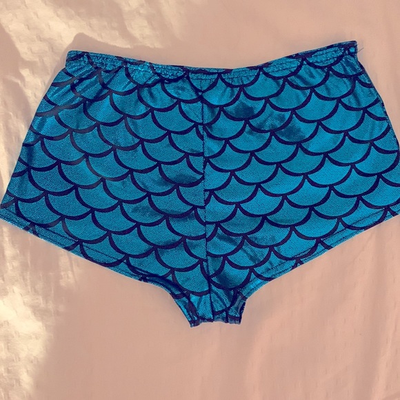 Aqua Metallic Blue and Black Mermaid Booty Shorts - Picture 2 of 4
